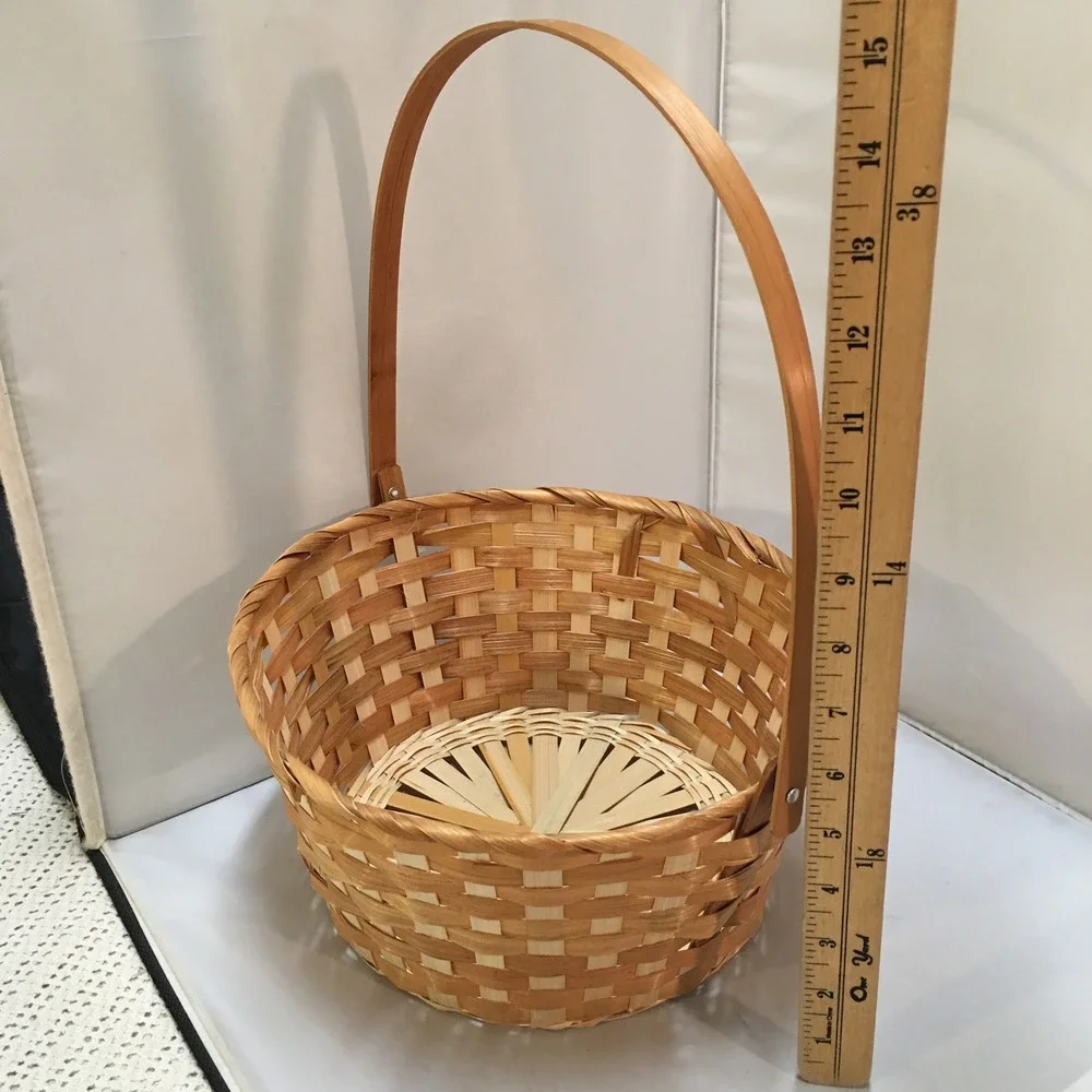 Woven Wood Splint Basket 11 Inch Natural Tan Round Tall Swing Handle Cottagecore
